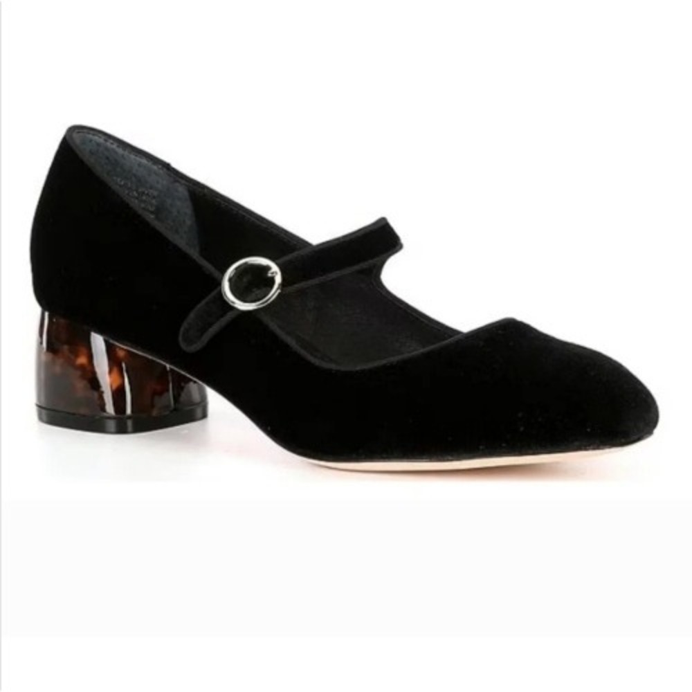 Deltan Velvet Mary Jane Tortoise Block Heel Pump Leather Dress Shoe W Sz 8.5M